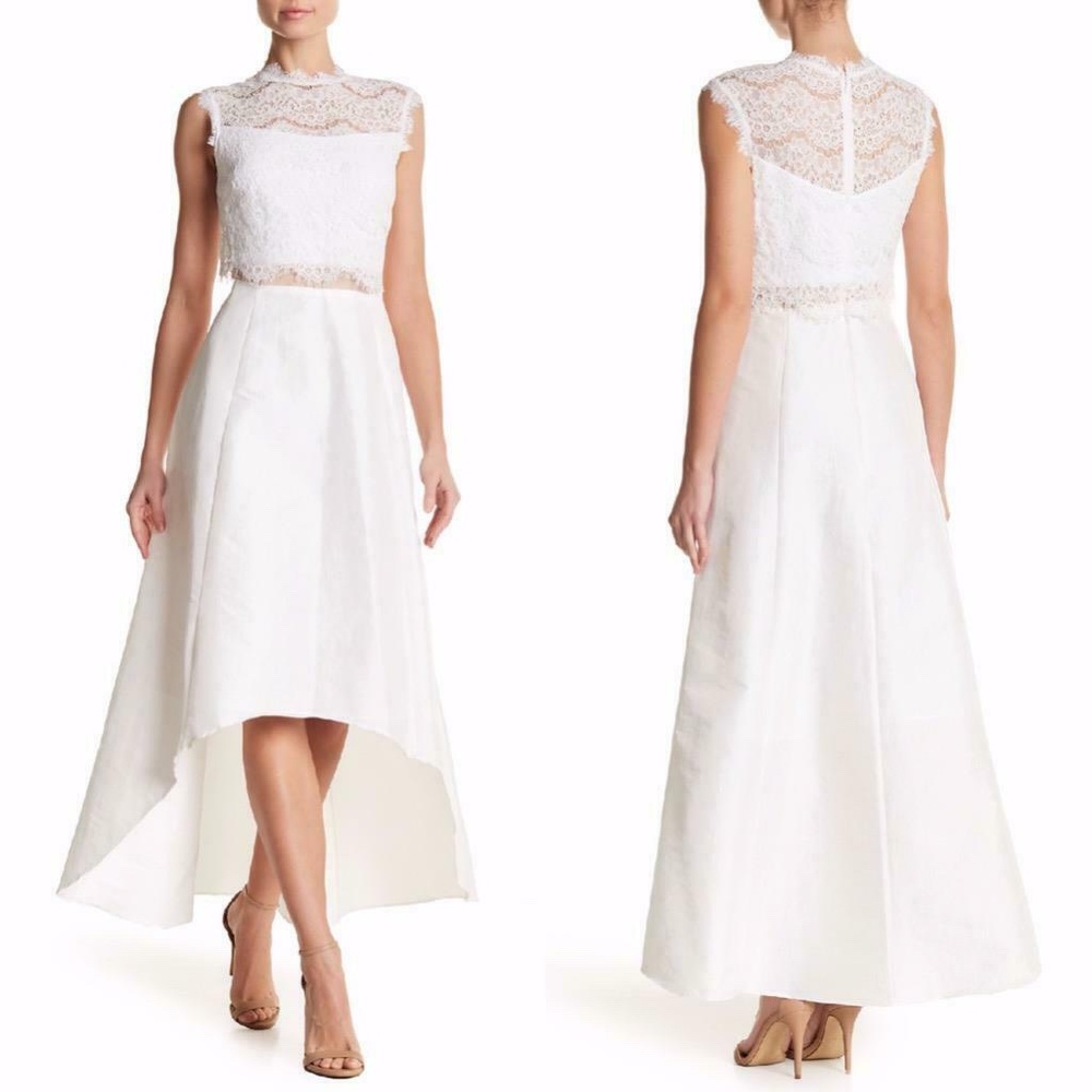 NEW Marina WHITE & IVORY Taffeta & Lace SCALLOPED Mock Neck BRIDAL Hi-Lo GOWN 6